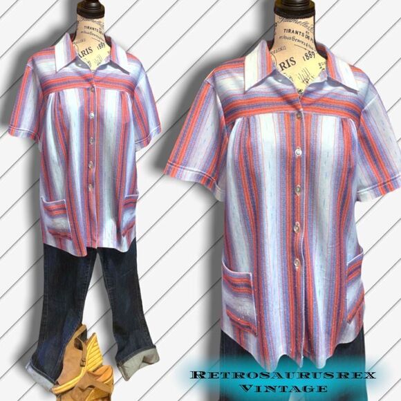 vintage 1970’s Polyester Mod Striped Plus Size Tent Blouse, 2X - Picture 1 of 8